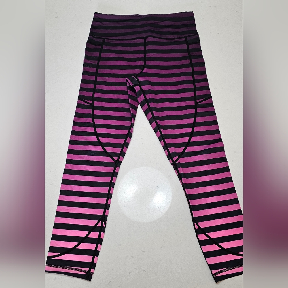 ZYIA Light N Tight OMBRE STRIPE 💜🩷🖤 Leggings Pink Purple Striped Pocket 8 10